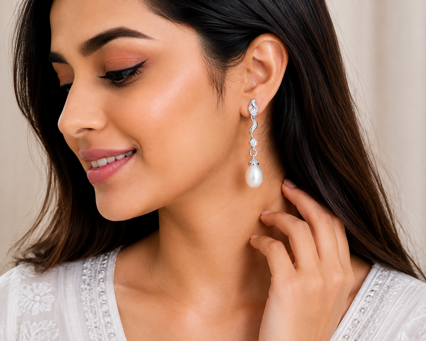 Pearl Drop Silver-Tone Crystal Earrings